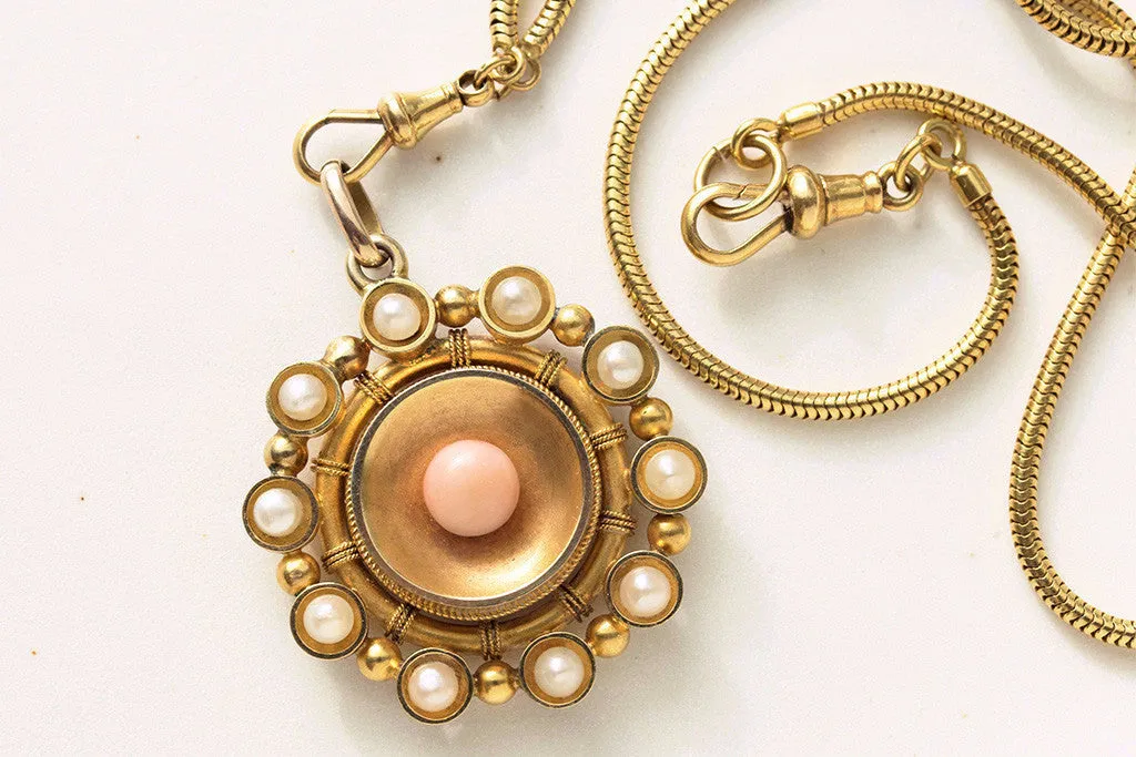 Victorian Coral and Pearl Gold Pendant Locket