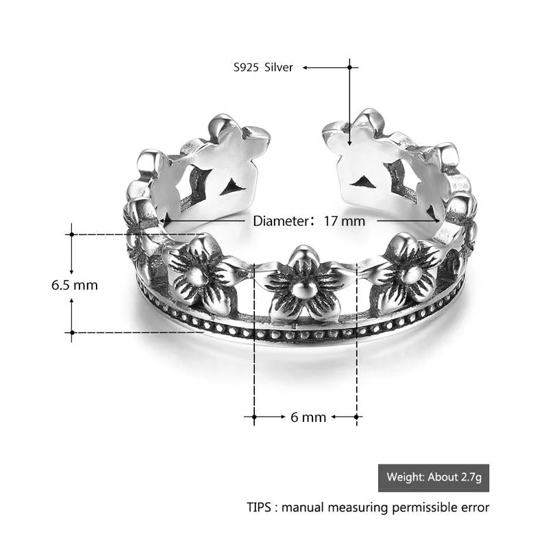 Vintage 925 Sterling Silver Flowers Shape Ring for Women, Adjustable Ring Jewelry