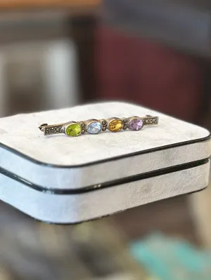 Vintage 925 Sterling Silver Marcasite Multicolor Green Blue Orange Purple Oval Faceted Stones Bar Pin Brooch