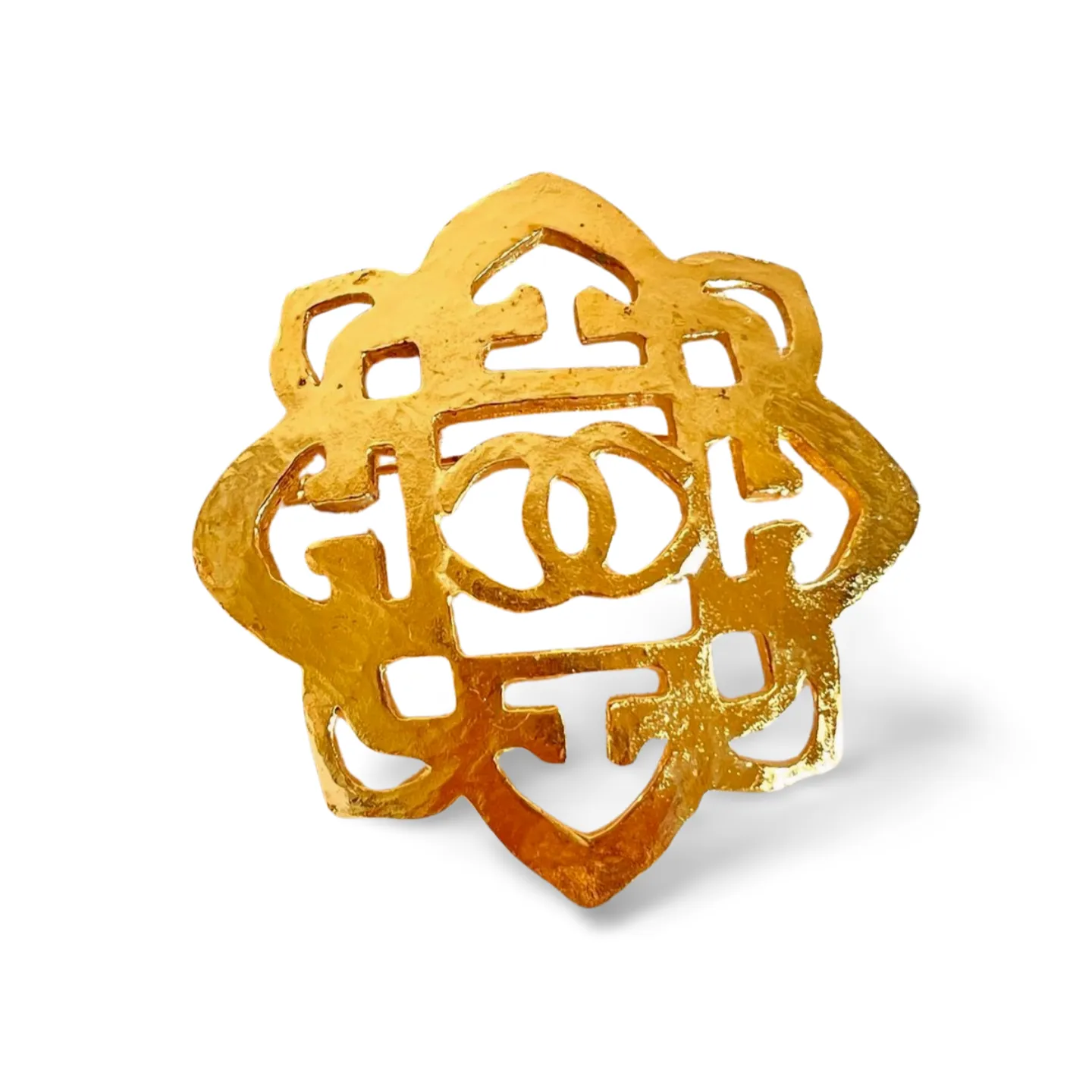 Vintage CHANEL Gold tone enblem design, brooch pin with CC mark. Elegant and ethnic. Best vintage gift. 060728br4