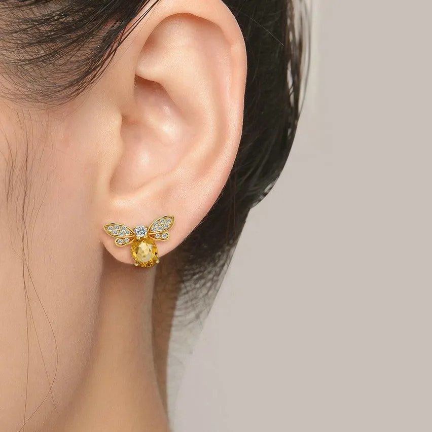 Vintage Citrine Gemstone Stud Earrings Bee 925 Sterling Silver Fine Jewelry