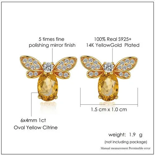 Vintage Citrine Gemstone Stud Earrings Bee 925 Sterling Silver Fine Jewelry