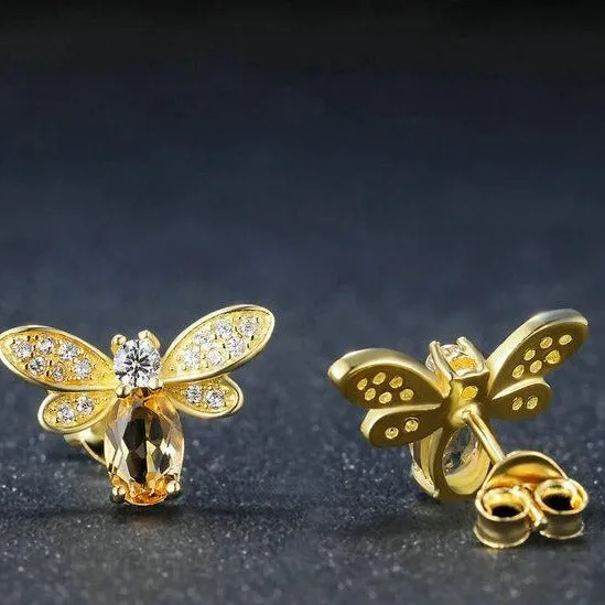 Vintage Citrine Gemstone Stud Earrings Bee 925 Sterling Silver Fine Jewelry