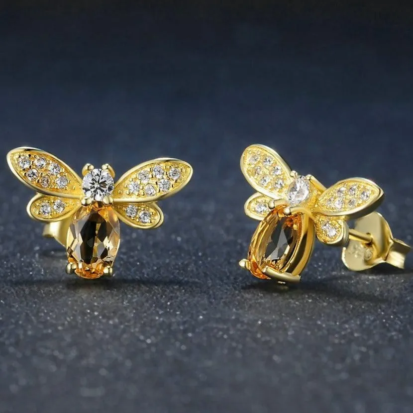 Vintage Citrine Gemstone Stud Earrings Bee 925 Sterling Silver Fine Jewelry