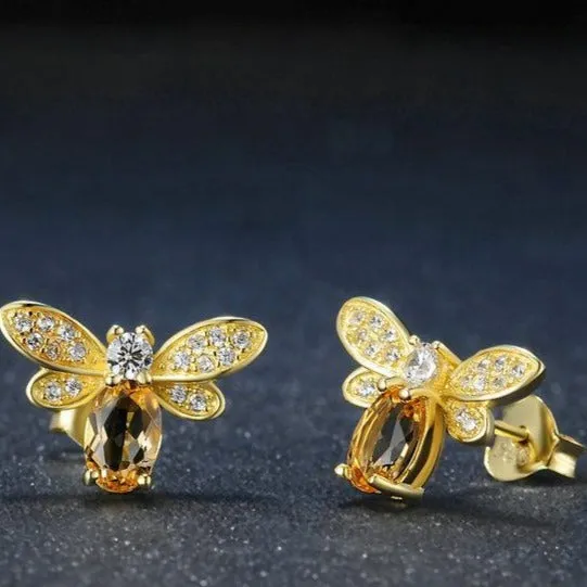 Vintage Citrine Gemstone Stud Earrings Bee 925 Sterling Silver Fine Jewelry