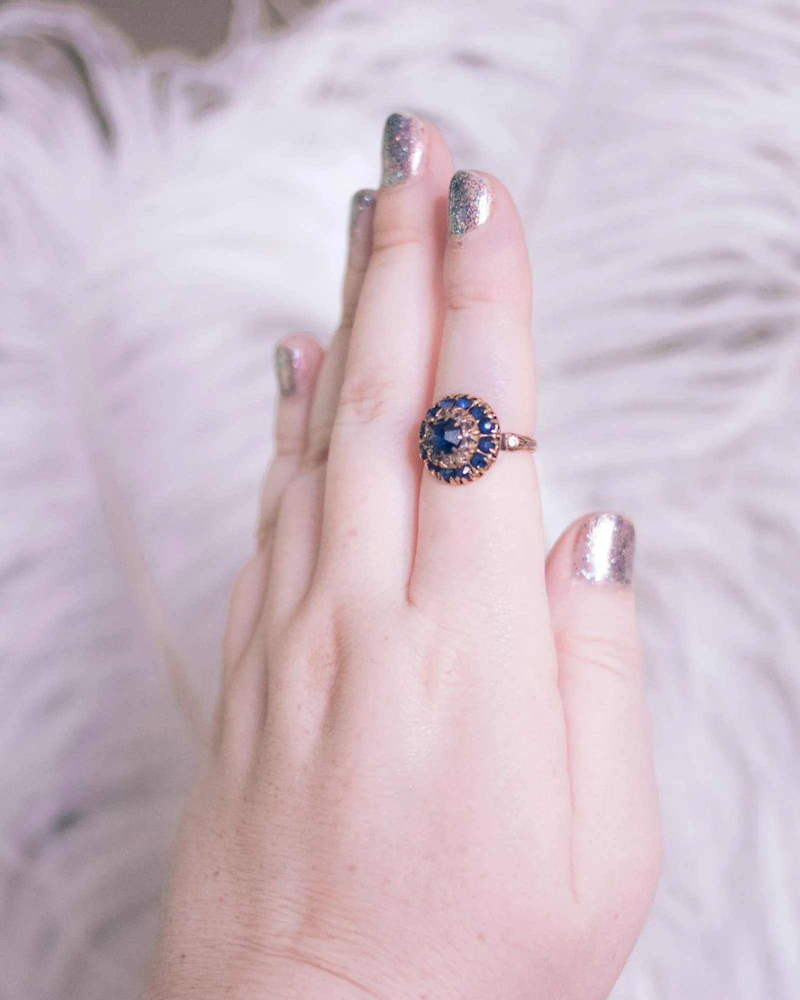 Vintage Gold Filled Sapphire Blue and Crystal Dome Ring