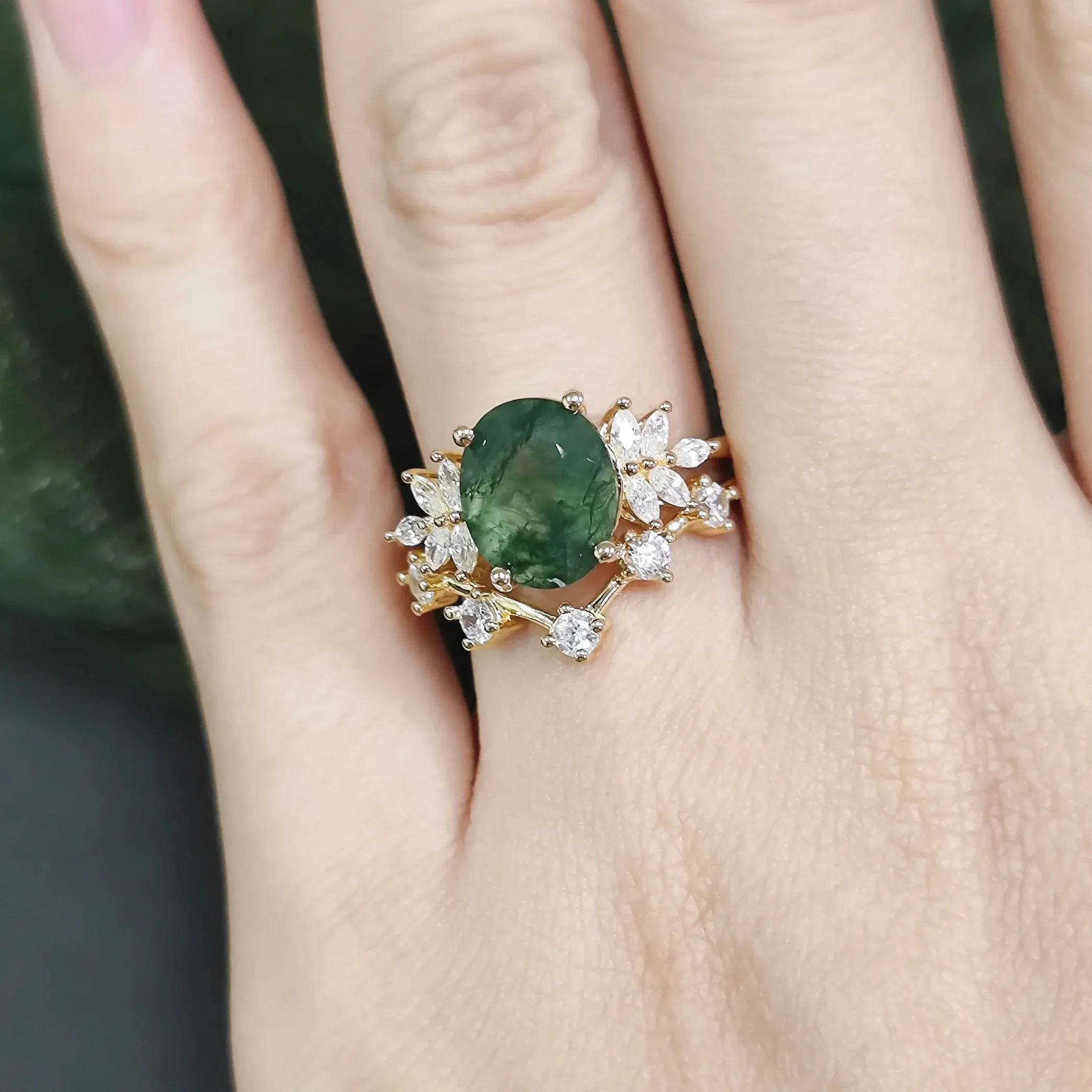 Vintage Green Moss Agate Art Deco Cluster Ring & Curved Wedding Band Set in 925 Sterling Silver