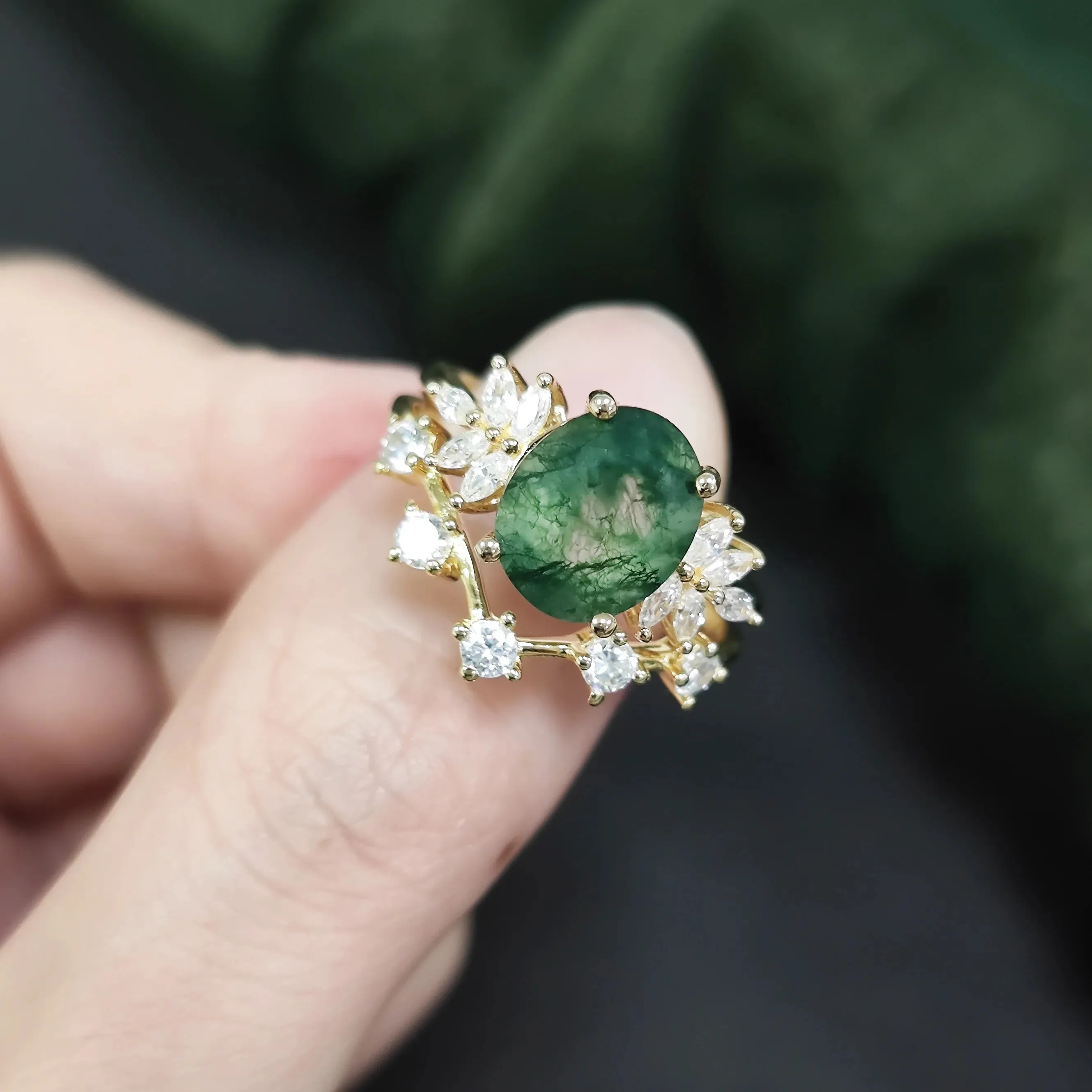 Vintage Green Moss Agate Art Deco Cluster Ring & Curved Wedding Band Set in 925 Sterling Silver