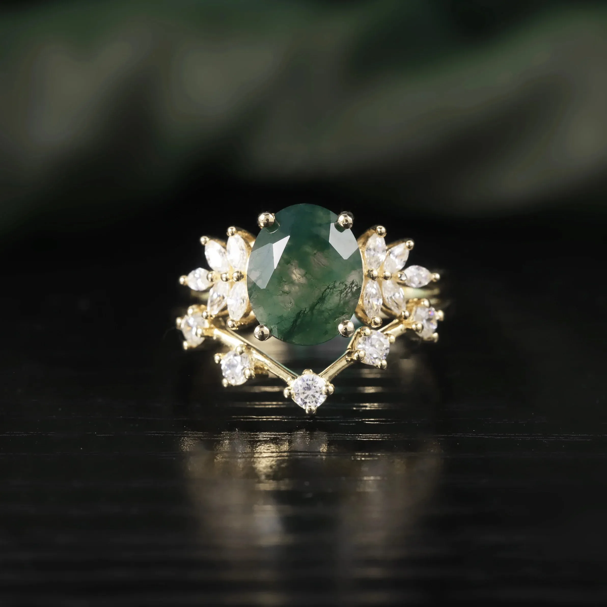 Vintage Green Moss Agate Art Deco Cluster Ring & Curved Wedding Band Set in 925 Sterling Silver