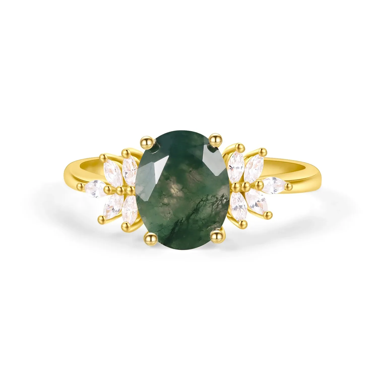 Vintage Green Moss Agate Art Deco Cluster Ring & Curved Wedding Band Set in 925 Sterling Silver