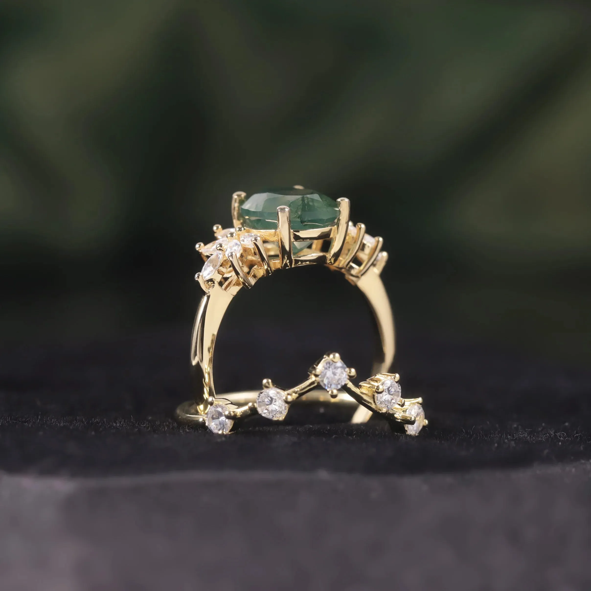 Vintage Green Moss Agate Art Deco Cluster Ring & Curved Wedding Band Set in 925 Sterling Silver