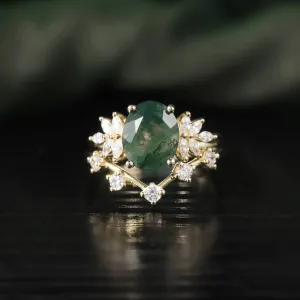 Vintage Green Moss Agate Art Deco Cluster Ring & Curved Wedding Band Set in 925 Sterling Silver