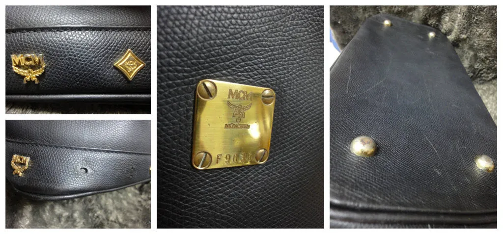 Vintage MCM black bolide style bag with gold tone metal studded charms. Rare masterpiece purse for unisex use. Phenomenon