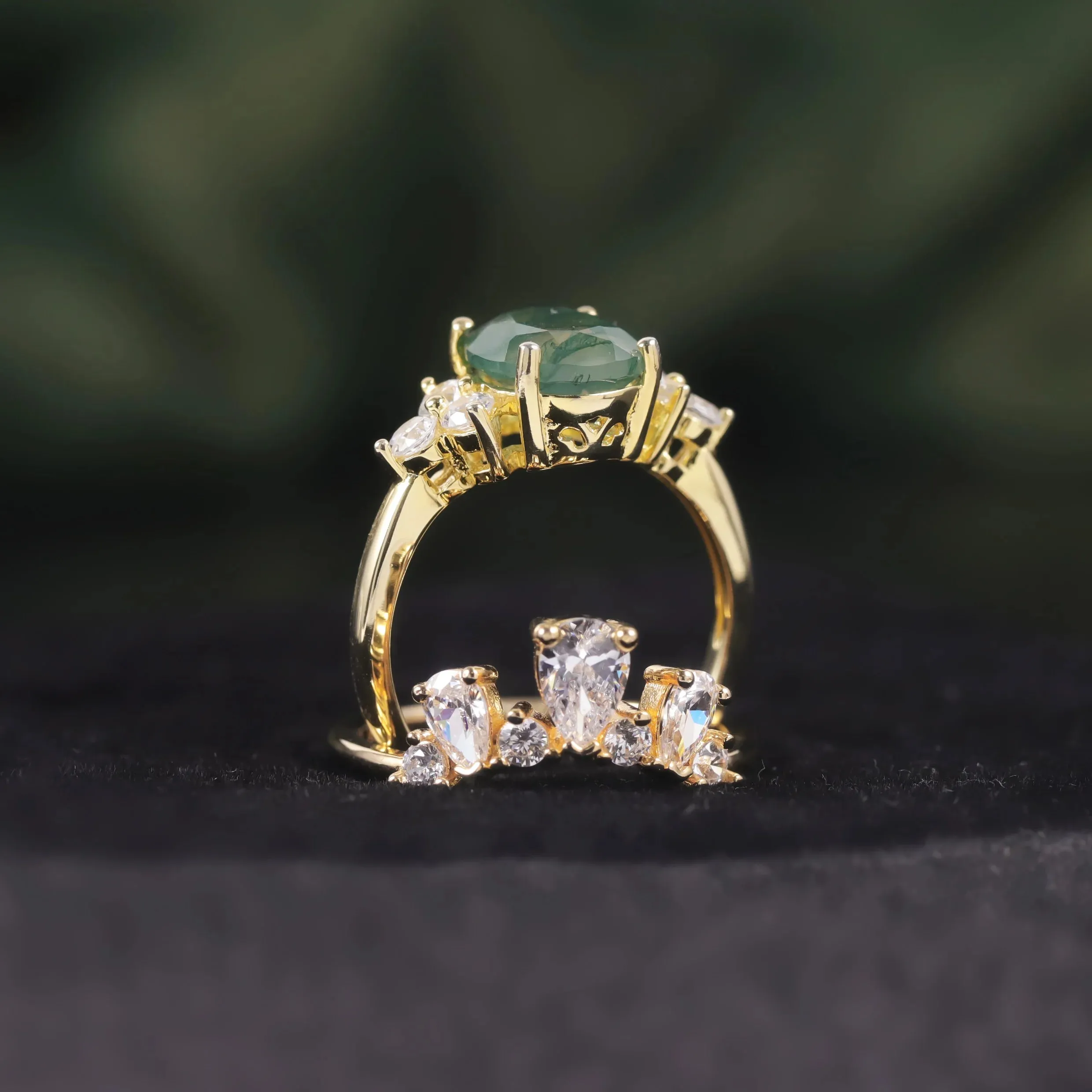 Vintage Moss Agate Art Deco Milgrain Ring & Curved Wedding Band Set in 925 Sterling Silver