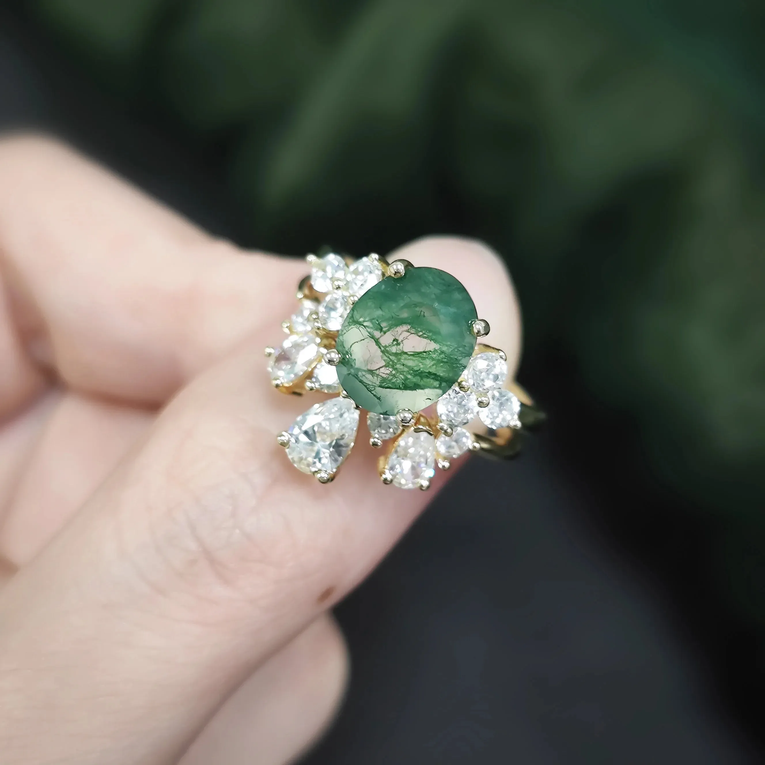 Vintage Moss Agate Art Deco Milgrain Ring & Curved Wedding Band Set in 925 Sterling Silver
