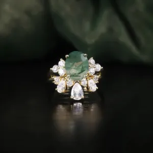 Vintage Moss Agate Art Deco Milgrain Ring & Curved Wedding Band Set in 925 Sterling Silver
