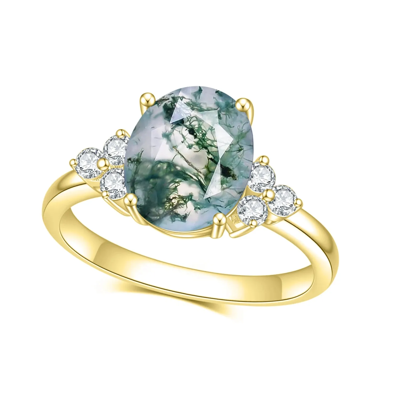 Vintage Moss Agate Art Deco Milgrain Ring & Curved Wedding Band Set in 925 Sterling Silver