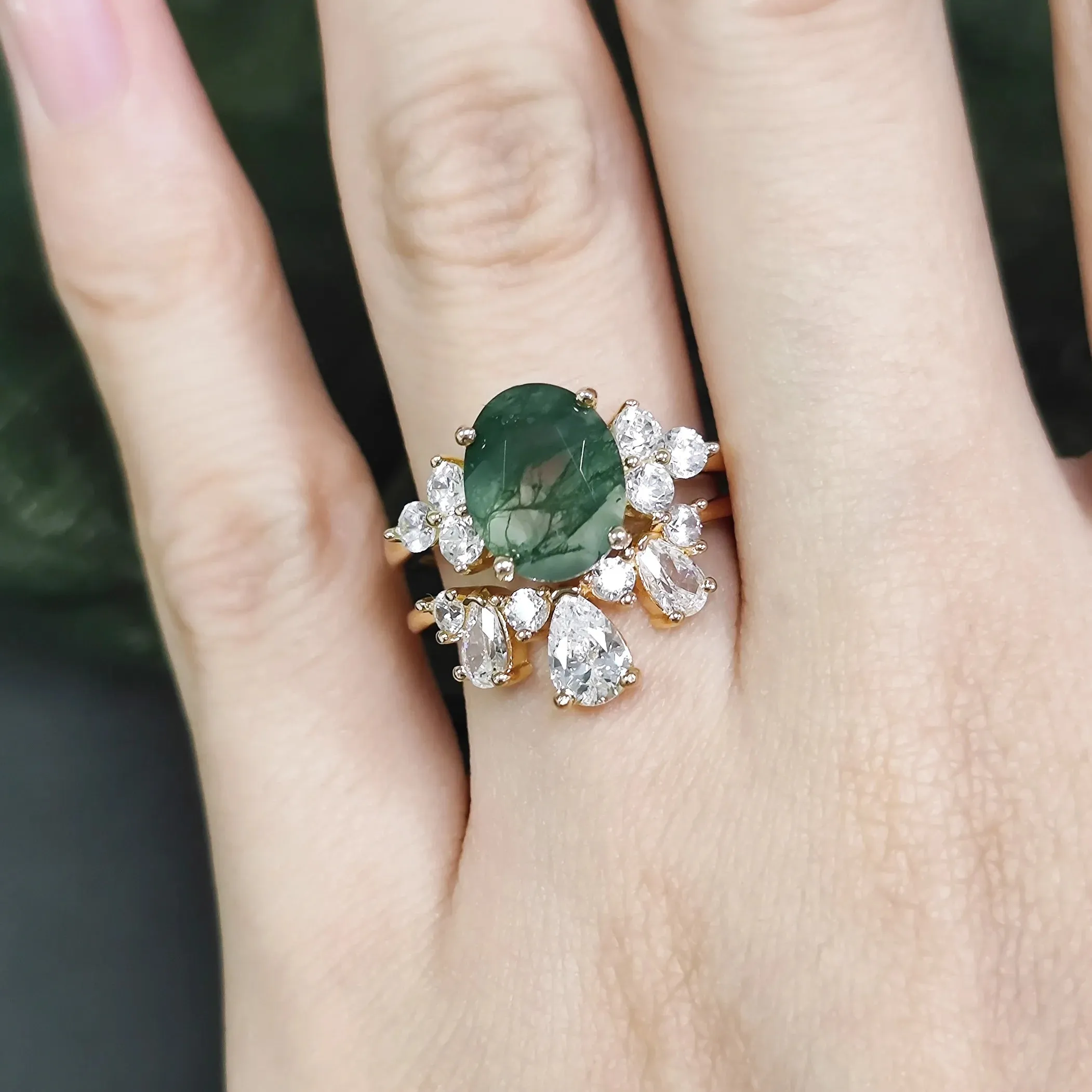 Vintage Moss Agate Art Deco Milgrain Ring & Curved Wedding Band Set in 925 Sterling Silver