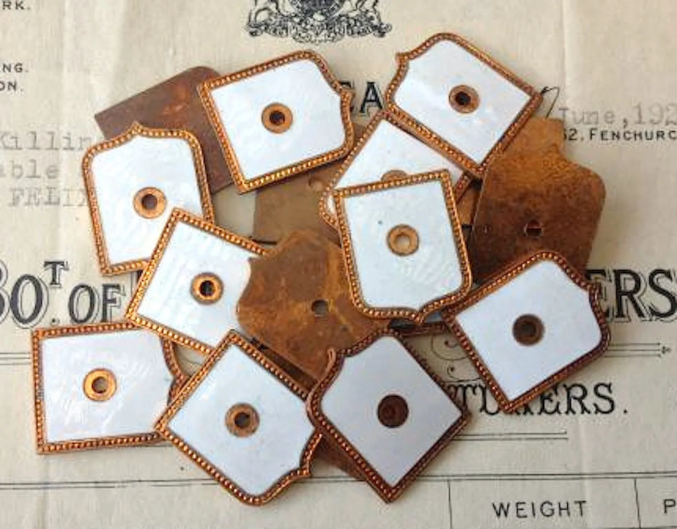 Vintage Pair White Enamel Plaques Shields Crest Findings