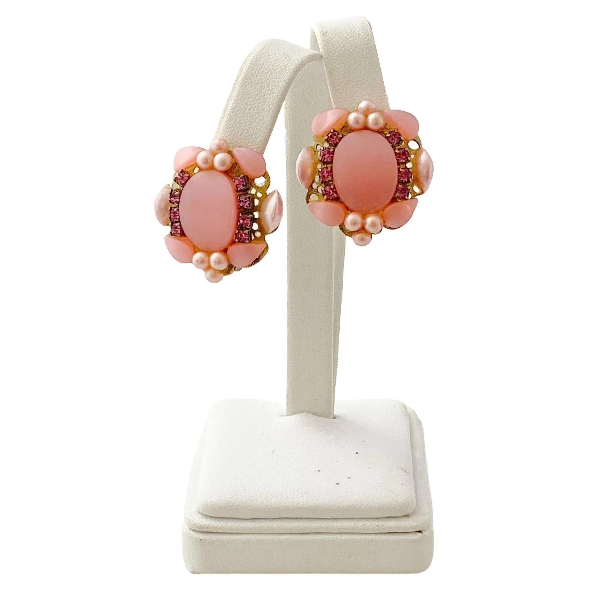 Vintage Pink Lucite and Rhinestone Earrings