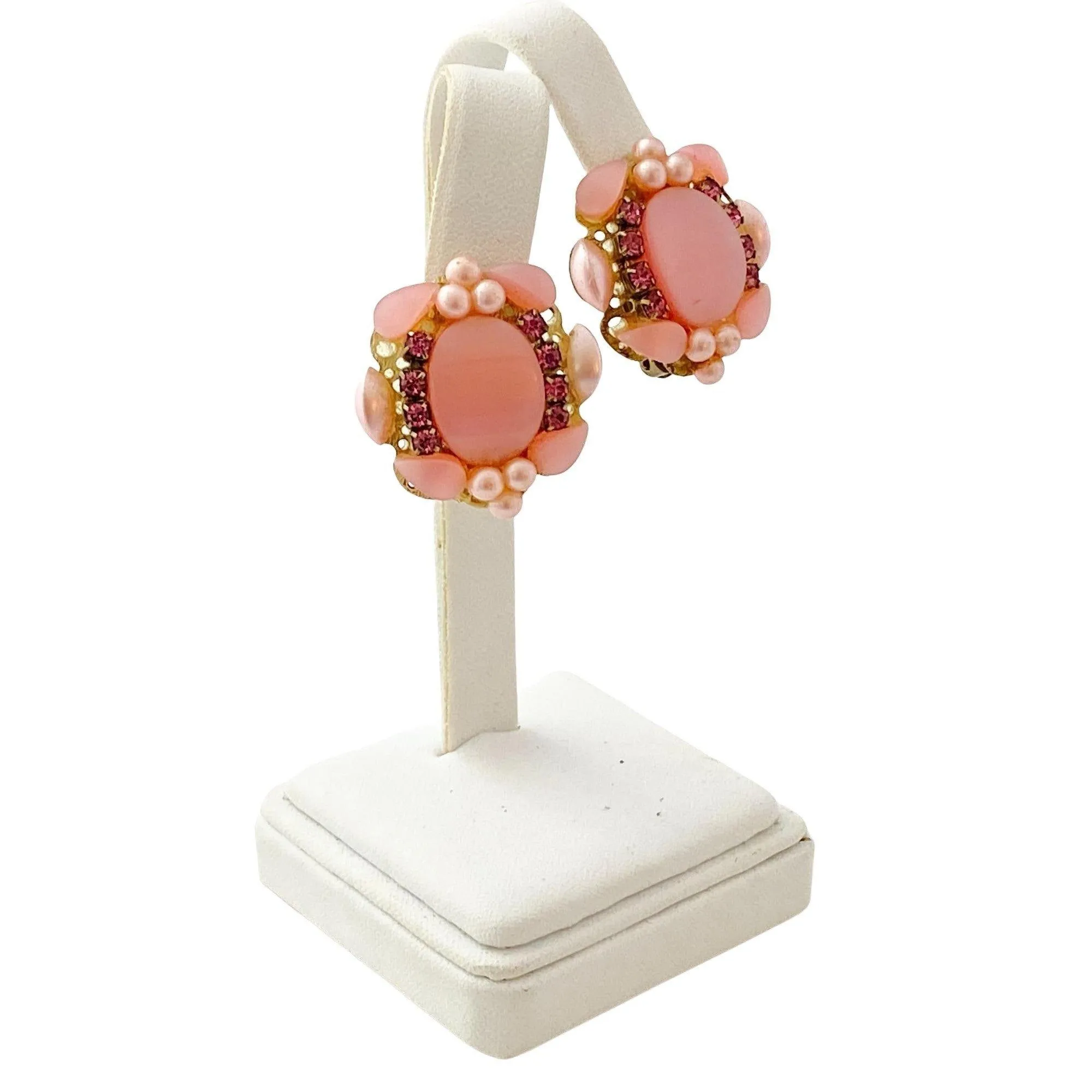Vintage Pink Lucite and Rhinestone Earrings