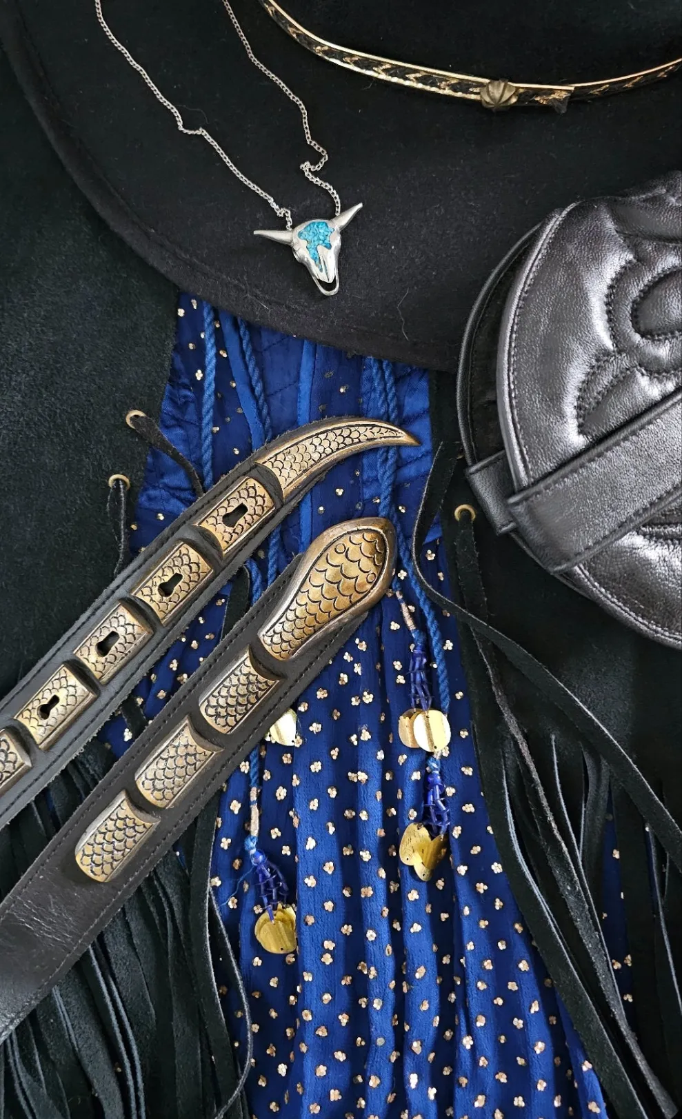 Vintage Snake Scale Western Belt – Black Leather with Brass Tip & Keeper Set