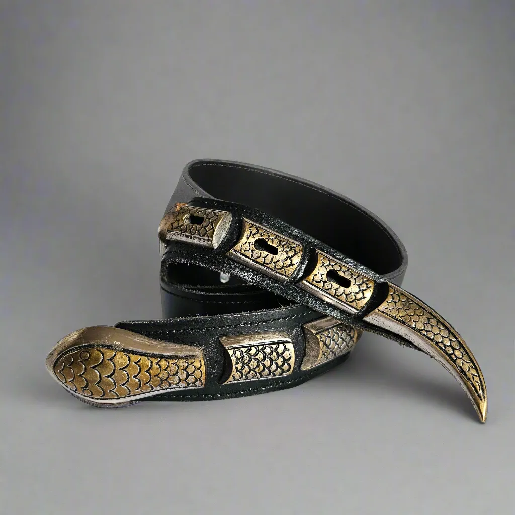 Vintage Snake Scale Western Belt – Black Leather with Brass Tip & Keeper Set