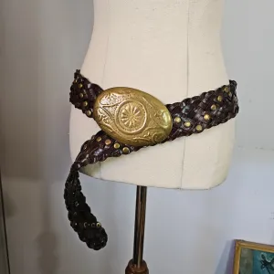 Vintage Studded Leather Belt with Ornate Brass Buckle – One Size