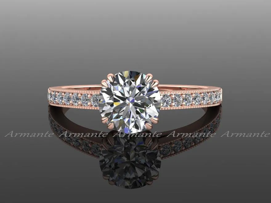 Vintage Style Solitaire Moissanite & Diamond Wedding Ring