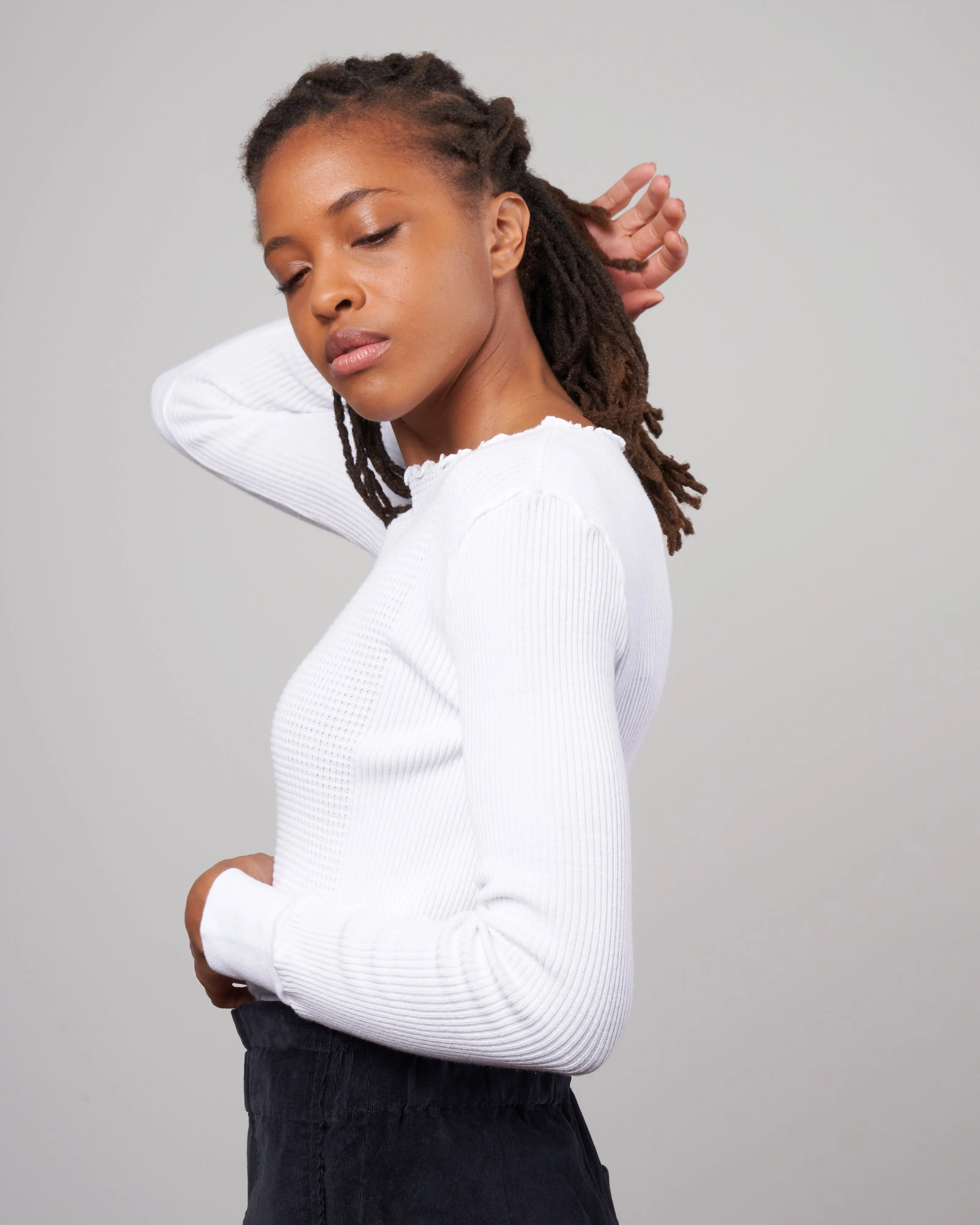waffle rib combo tube, long sleeve crew top - white