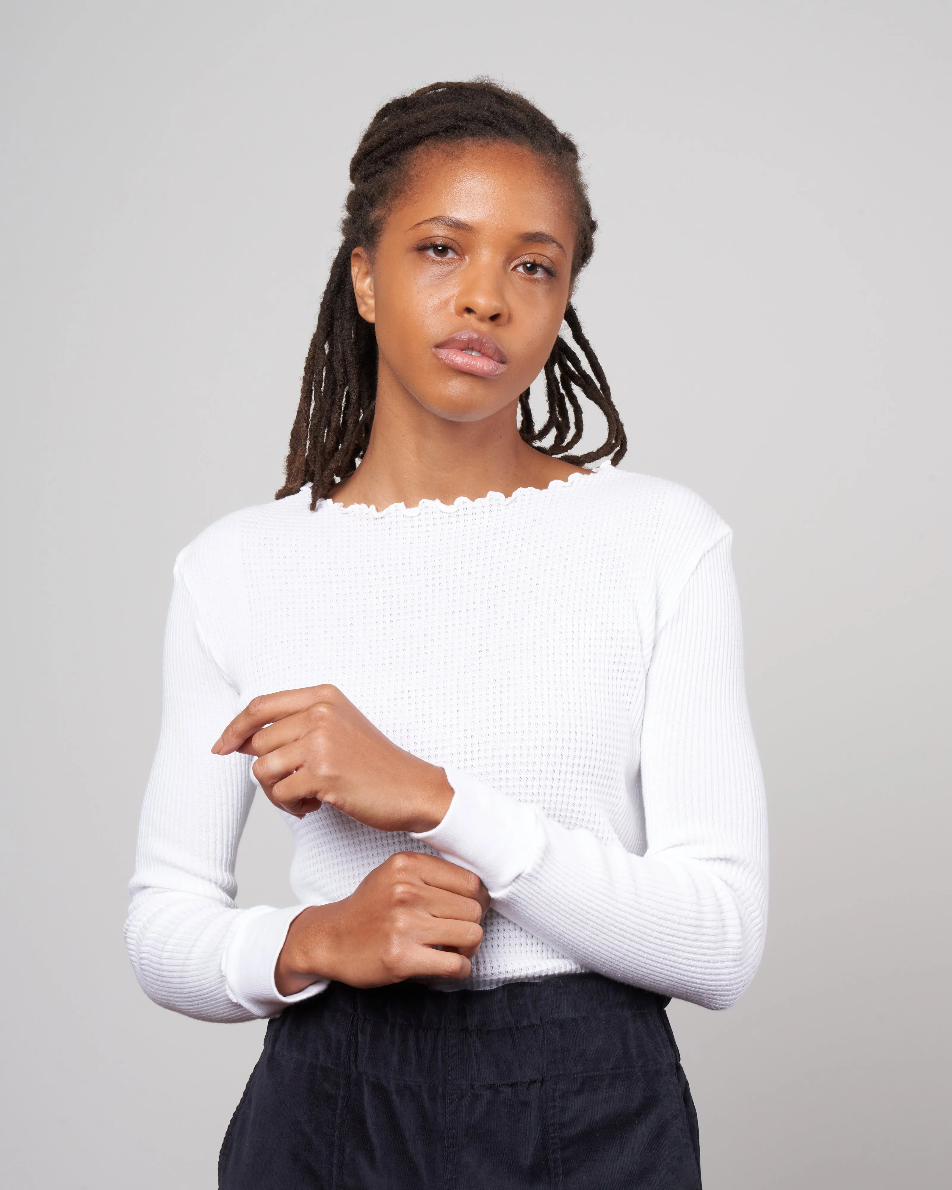 waffle rib combo tube, long sleeve crew top - white