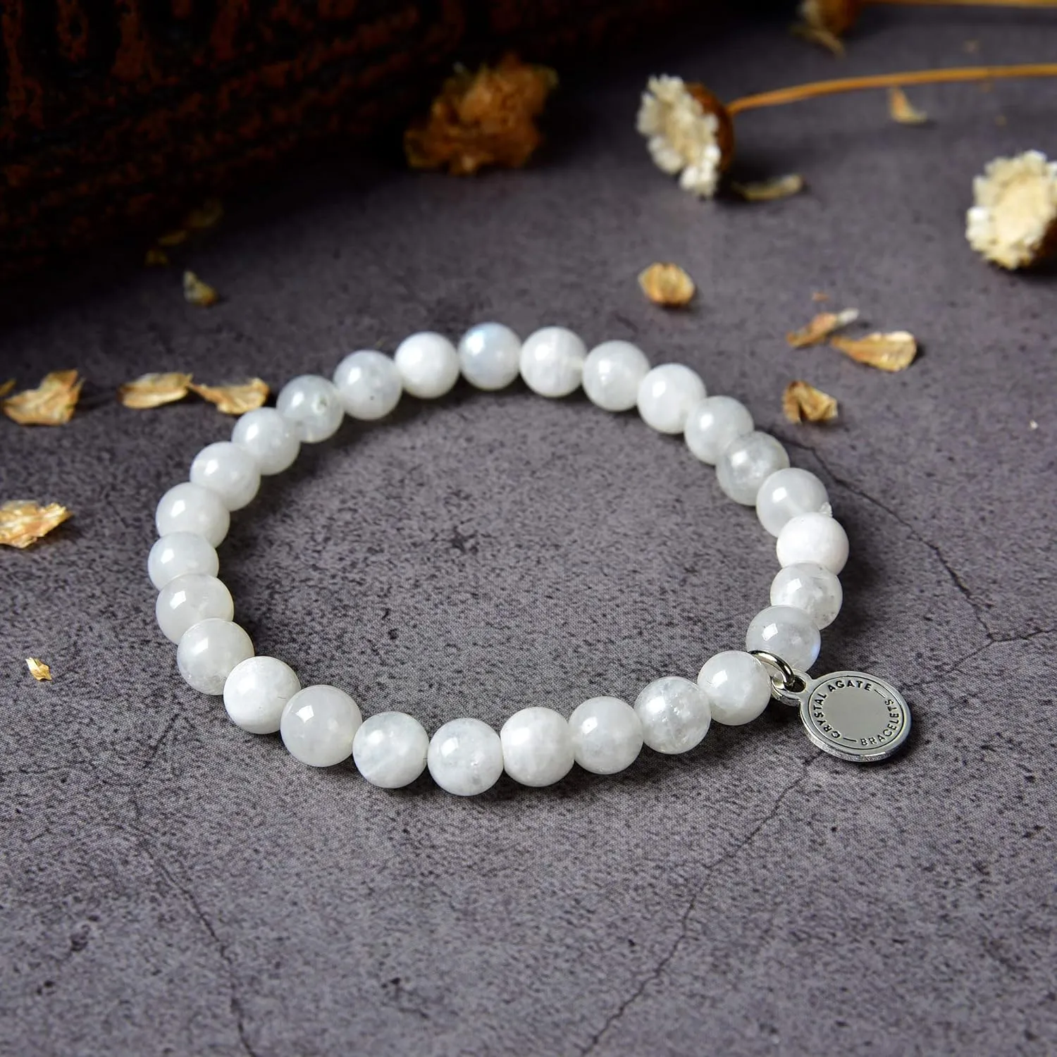 White Moonstone Bracelet| Moon Stone Boho Chakra Reiki Healing Gemstone| Elastic Stretchy Round Jewelry with Round Crystal Beads for Women Girls Unisex