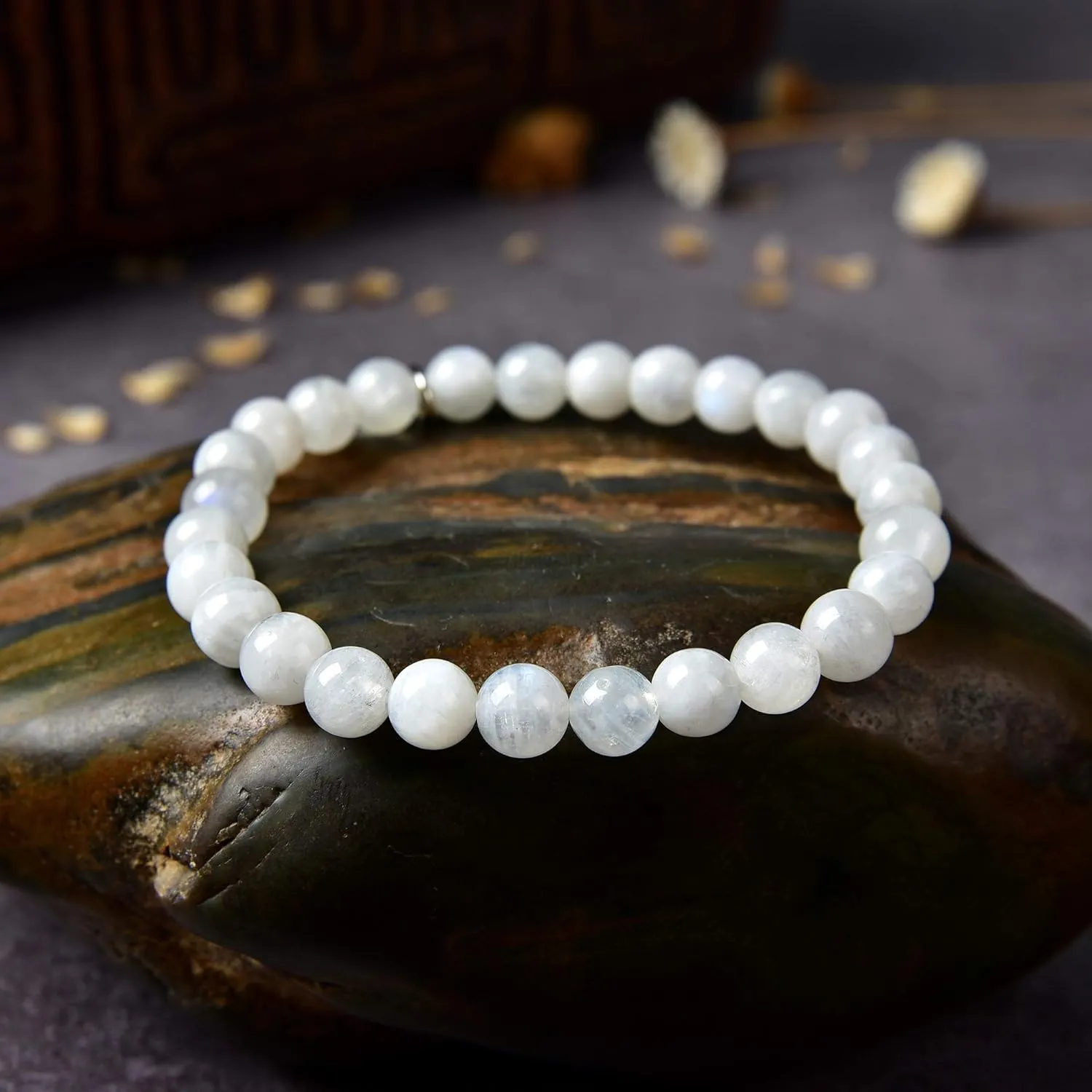 White Moonstone Bracelet| Moon Stone Boho Chakra Reiki Healing Gemstone| Elastic Stretchy Round Jewelry with Round Crystal Beads for Women Girls Unisex
