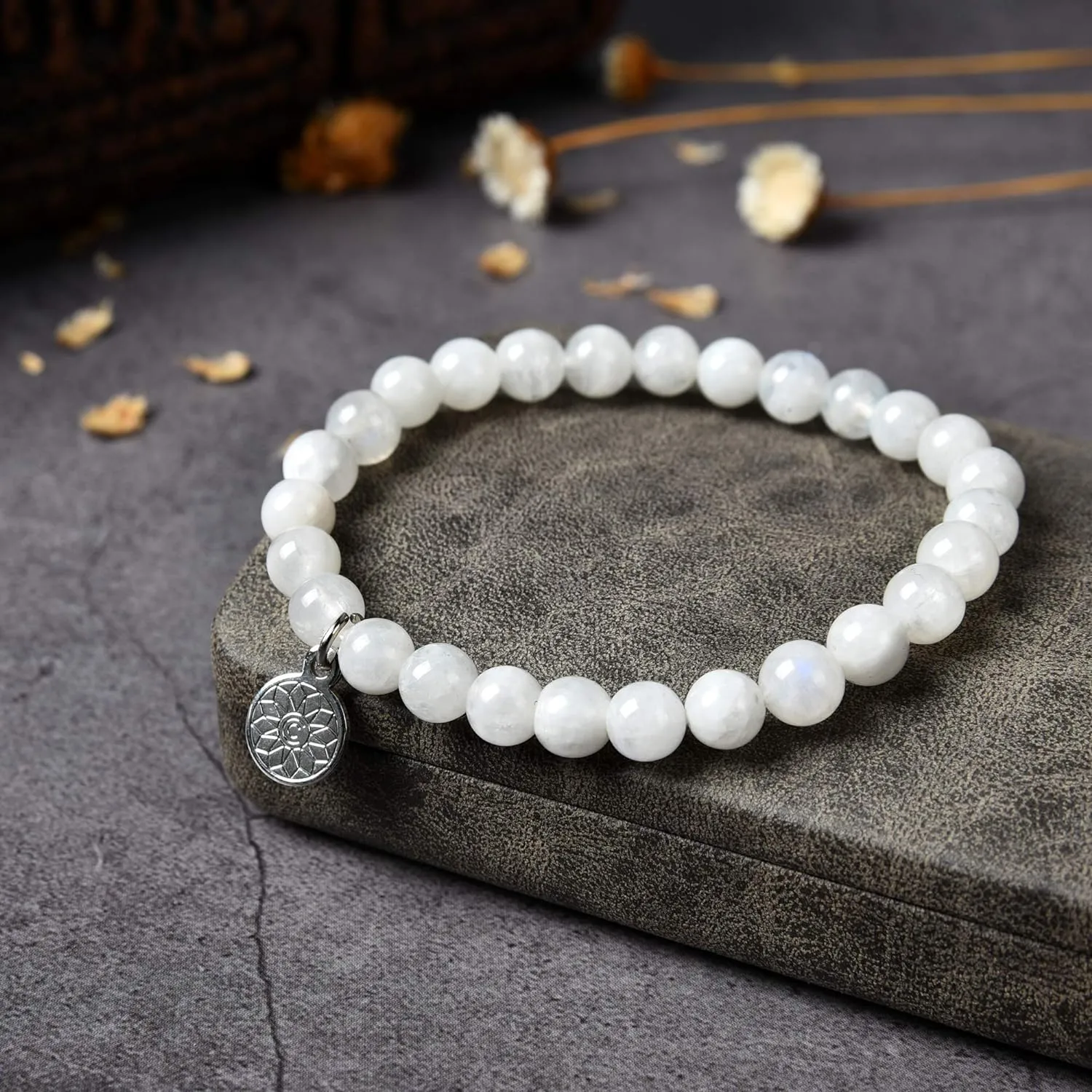 White Moonstone Bracelet| Moon Stone Boho Chakra Reiki Healing Gemstone| Elastic Stretchy Round Jewelry with Round Crystal Beads for Women Girls Unisex