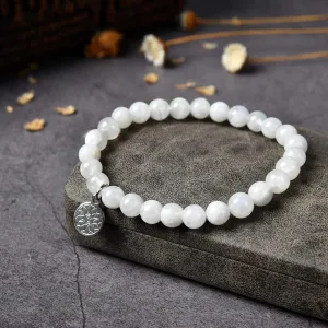 White Moonstone Bracelet| Moon Stone Boho Chakra Reiki Healing Gemstone| Elastic Stretchy Round Jewelry with Round Crystal Beads for Women Girls Unisex