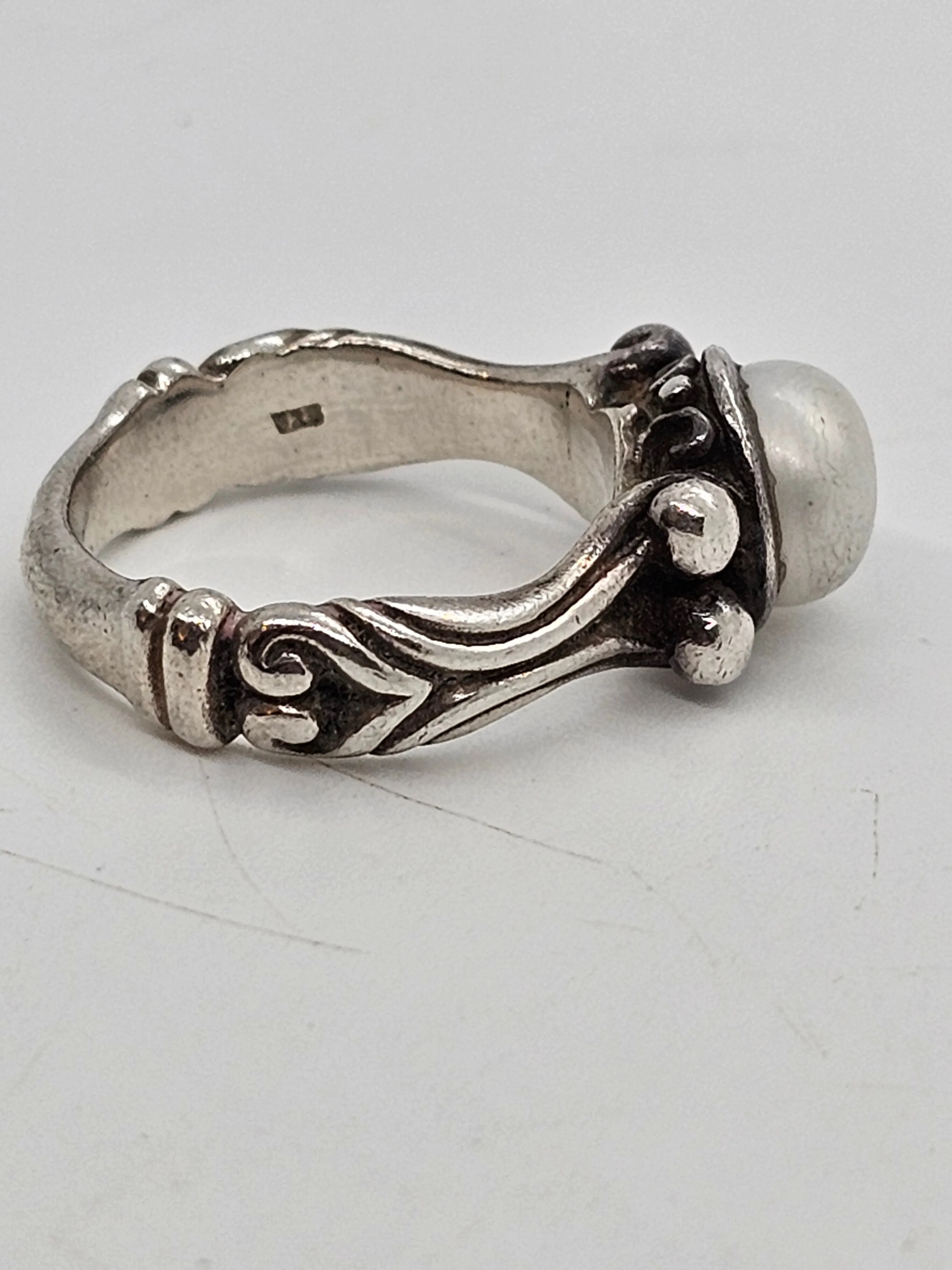 White pearl scroll sterling silver thick solid sterling silver ring size 6