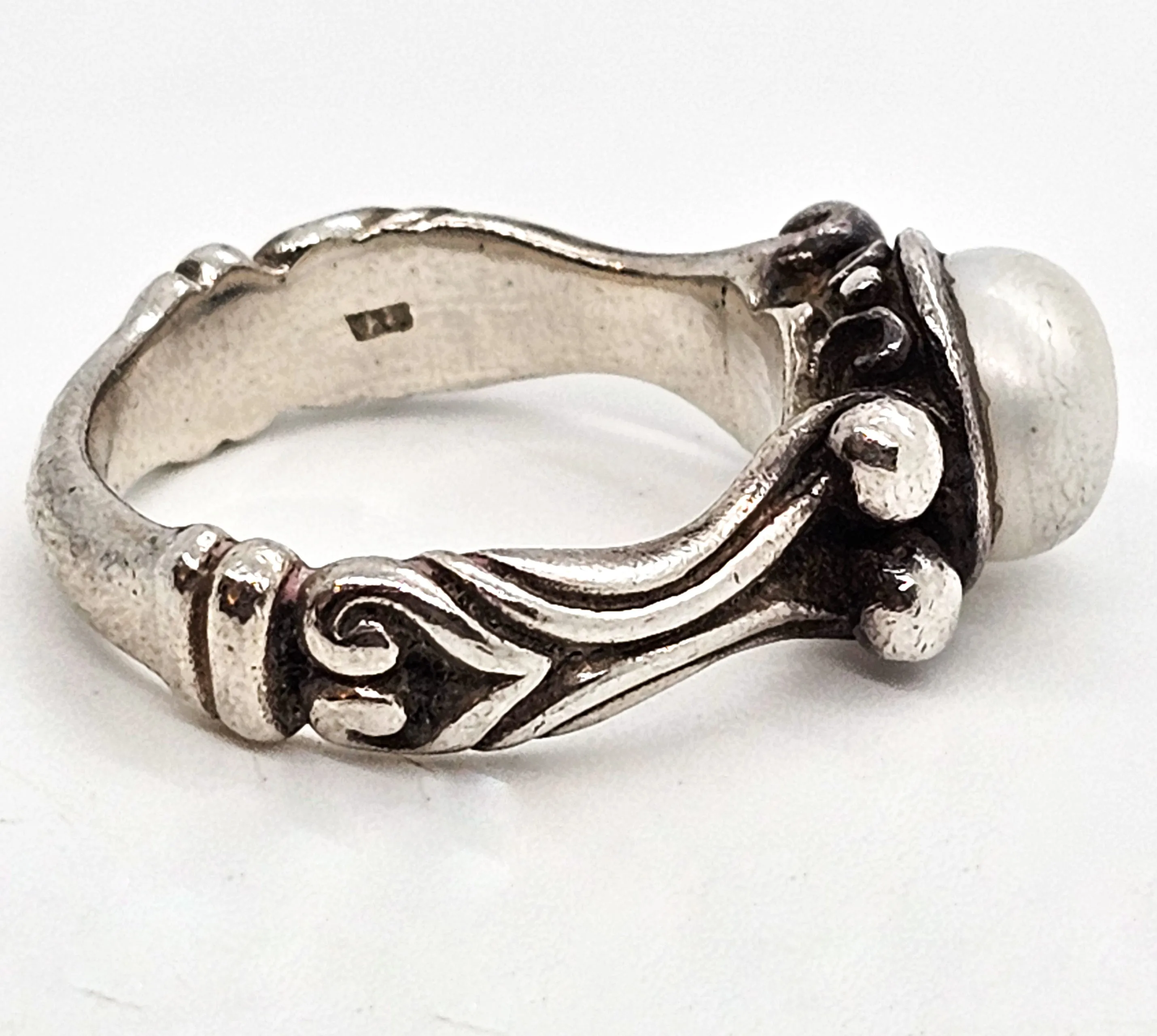 White pearl scroll sterling silver thick solid sterling silver ring size 6