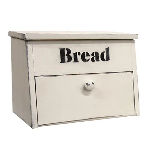 White wooden bread box with compartment