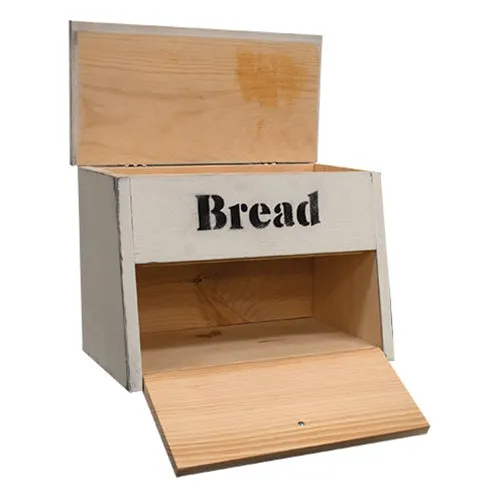 White wooden bread box with compartment