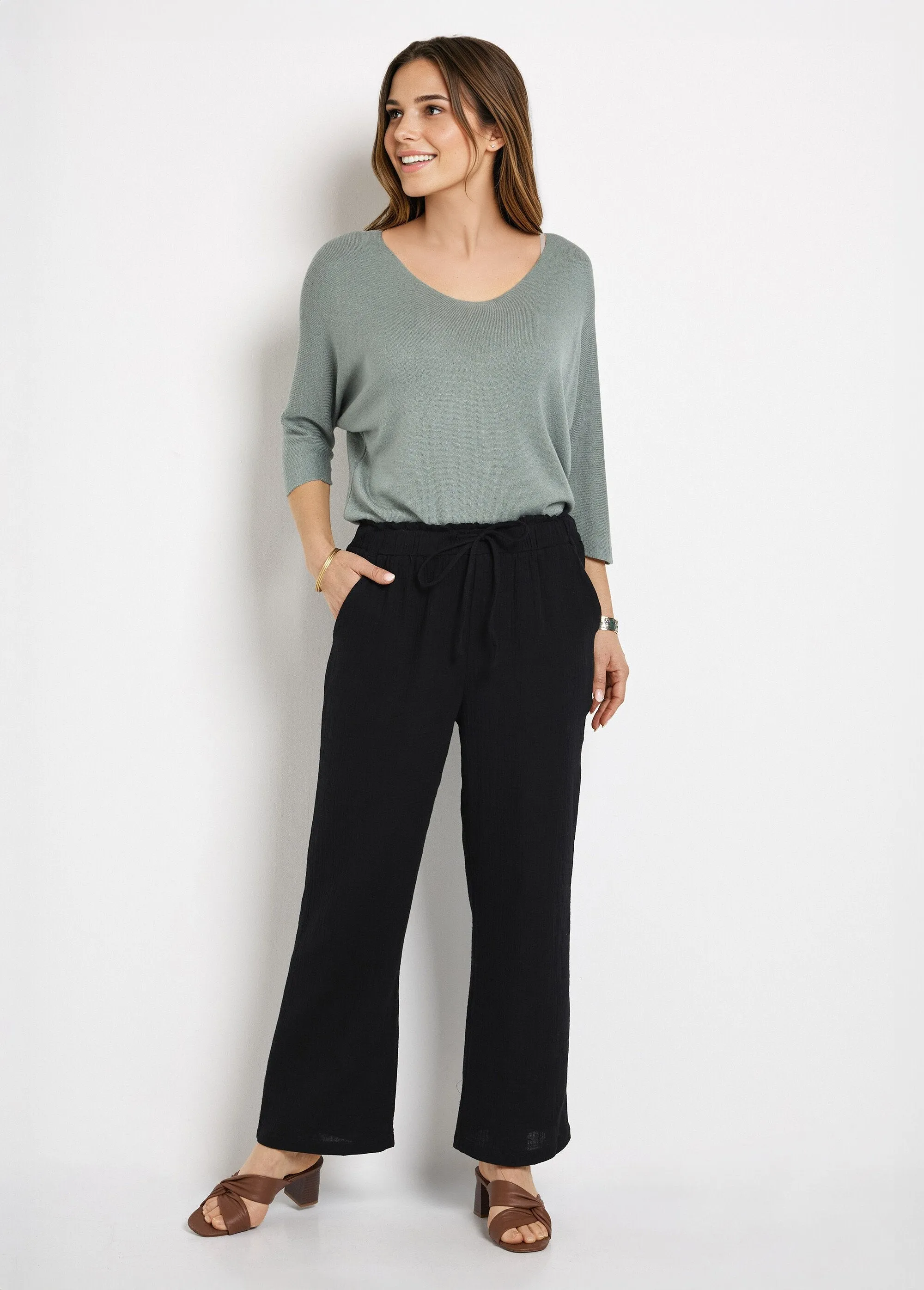 Wide elasticated cotton gauze pants