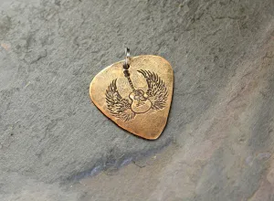 Winged guitar on bronze guitar pick necklace
