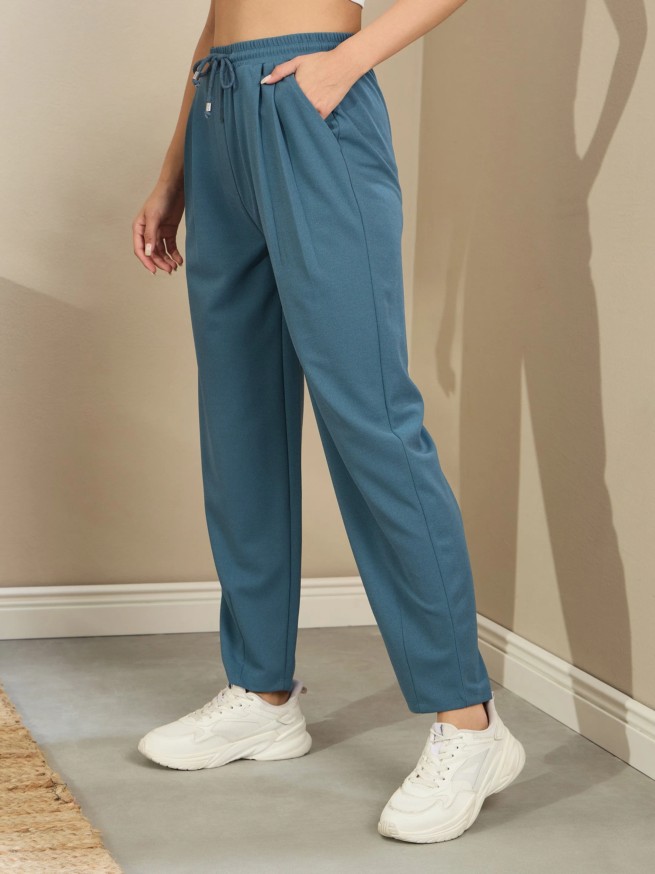 Women Airforce Blue Tapered Drawstring Joggers