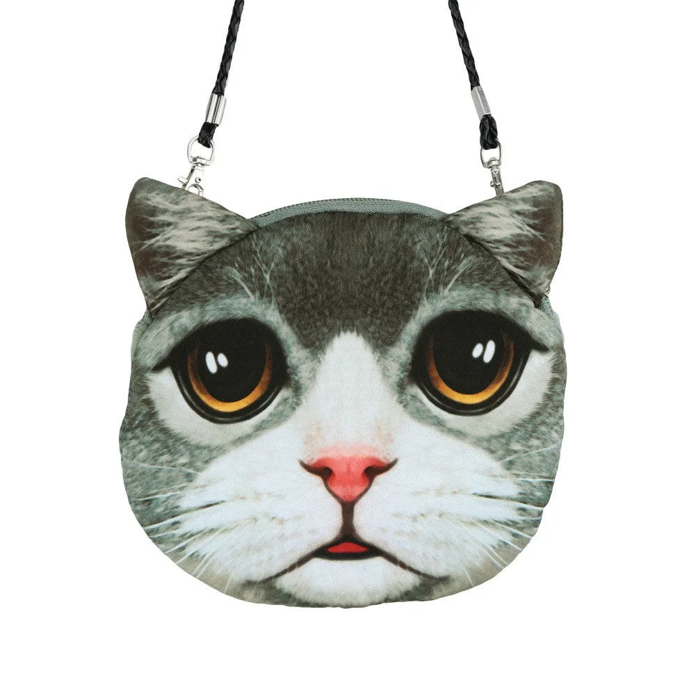 Women Cute Shoulder Bag Cat Face Pouch Bag Cartoon Print Zipper Closure Messenger Bag Coin Purse Clutch Bag