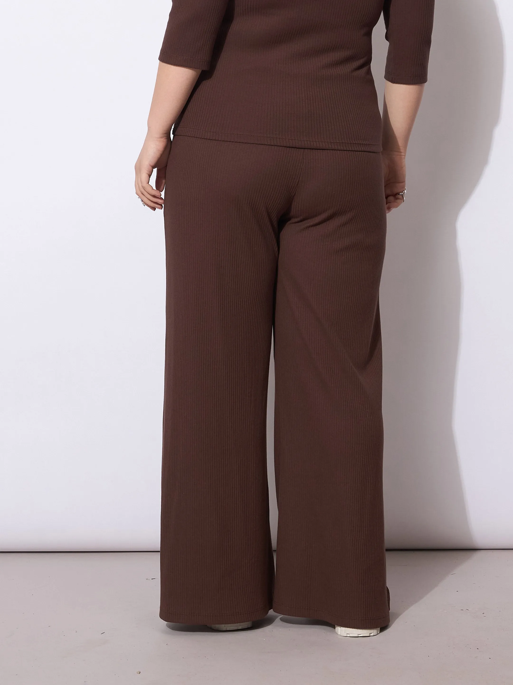 Women Dark Brown Rib Drawstring Straight Pants