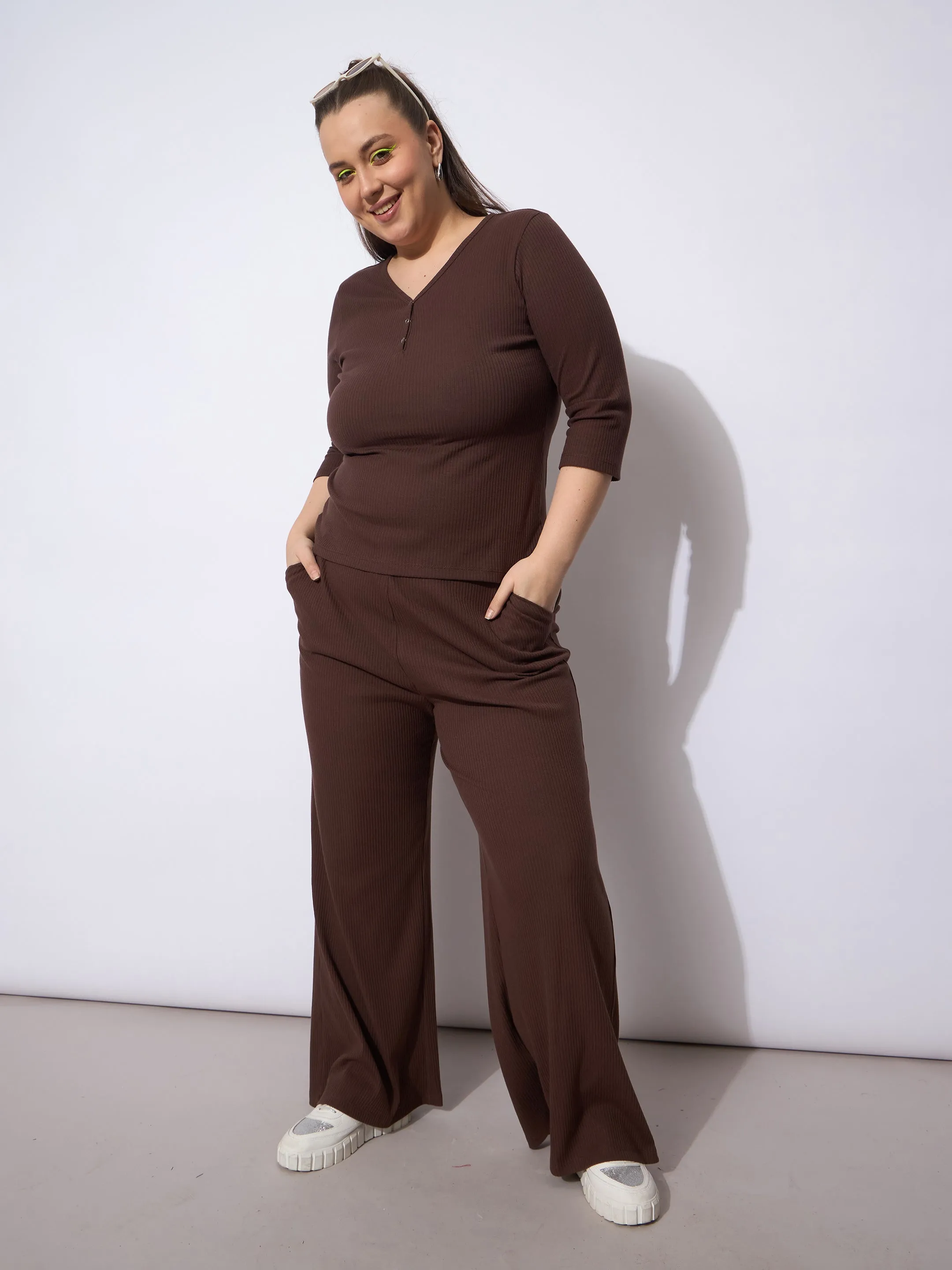 Women Dark Brown Rib Drawstring Straight Pants