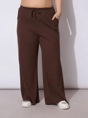 Women Dark Brown Rib Drawstring Straight Pants