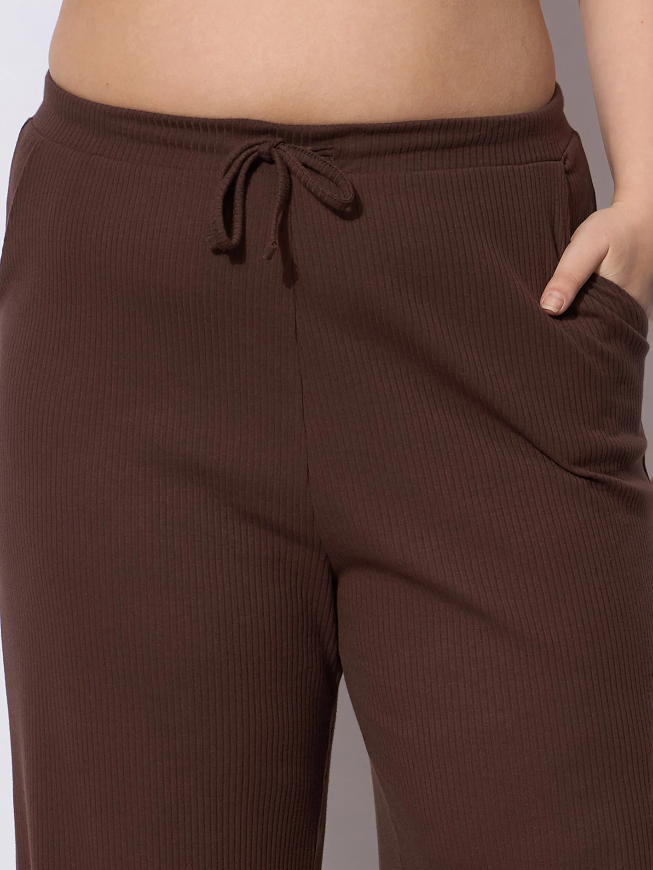 Women Dark Brown Rib Drawstring Straight Pants