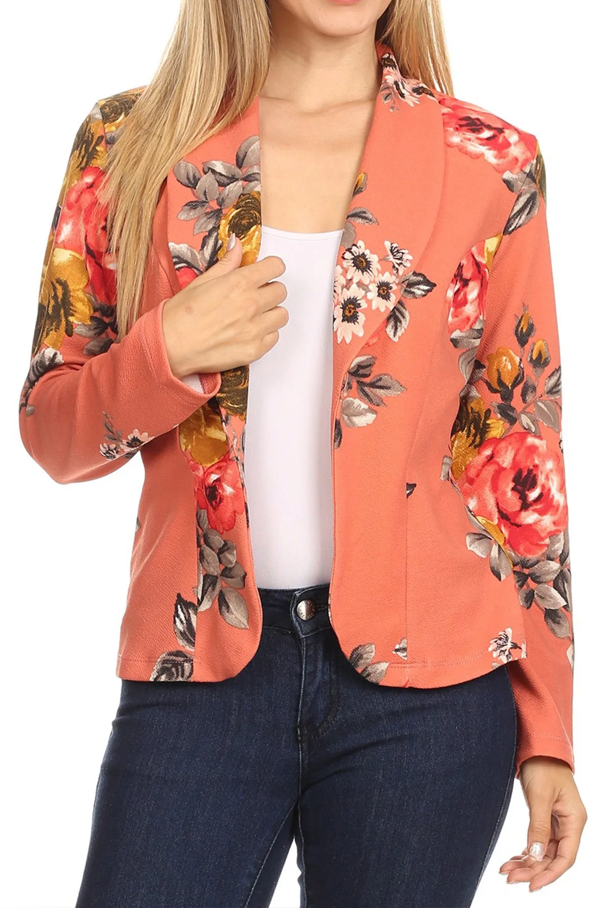 Women's Casual Pattern Print Fitted Open Front Long Sleeves Office Blazer Jacket