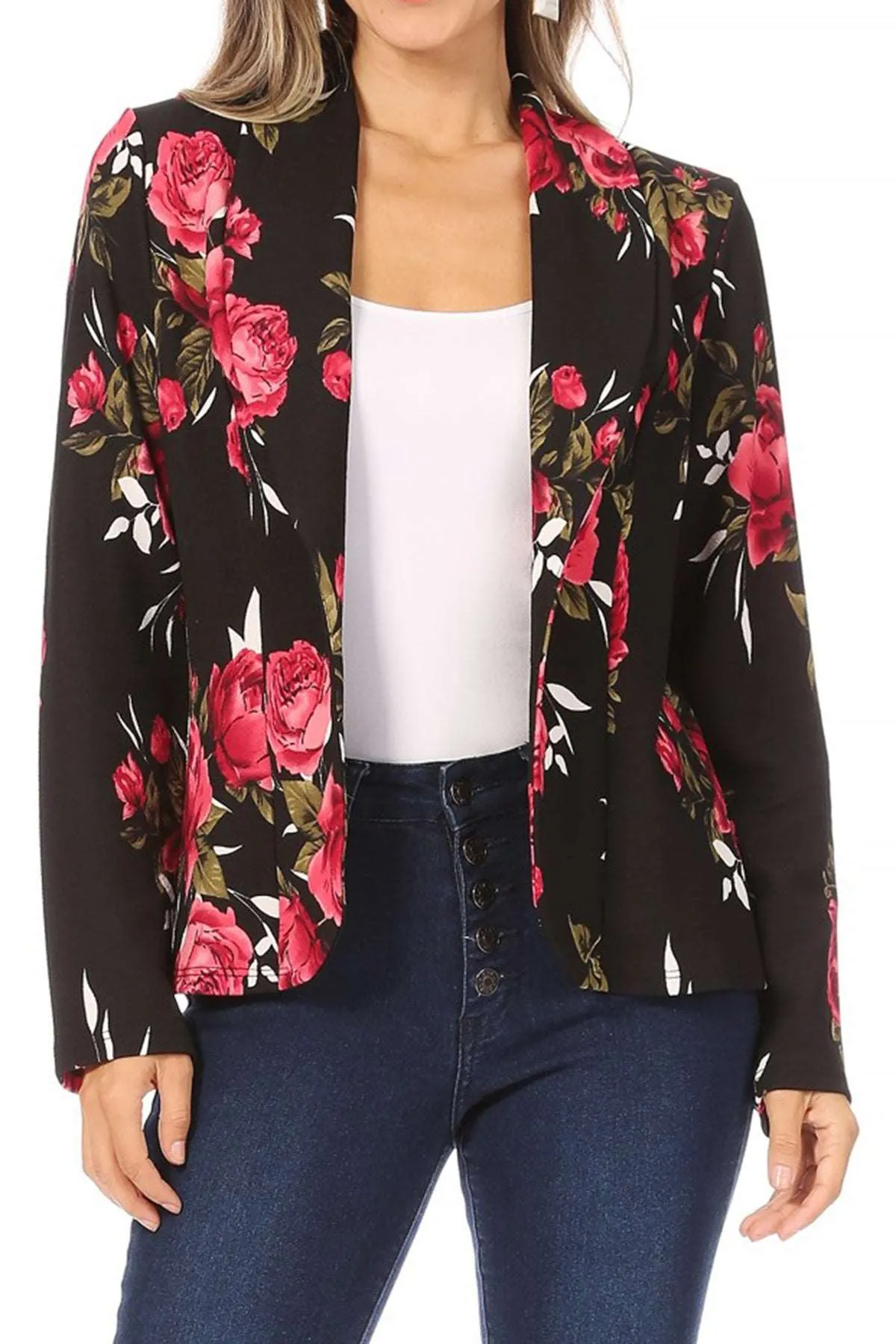 Women's Casual Pattern Print Fitted Open Front Long Sleeves Office Blazer Jacket