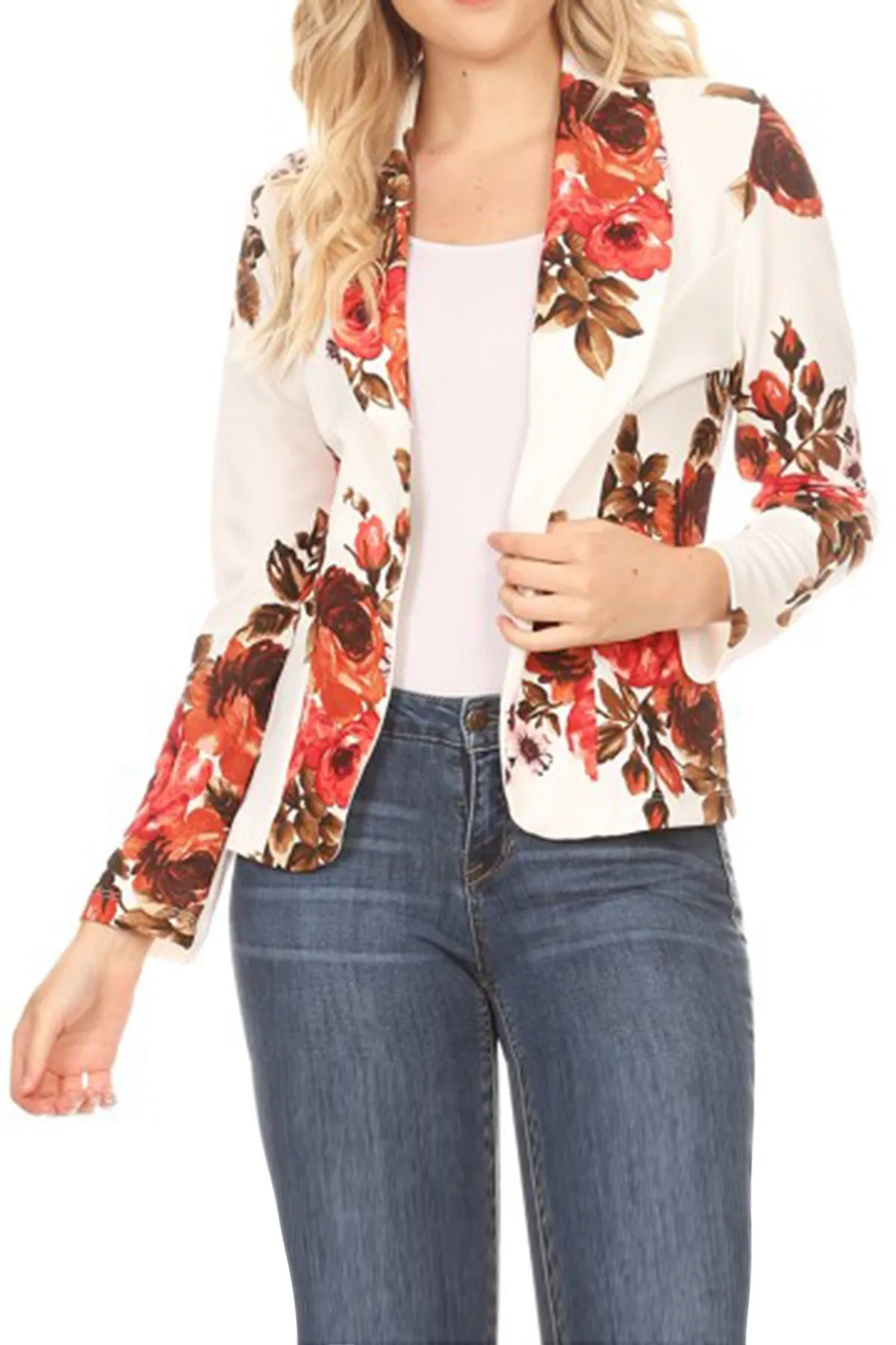 Women's Casual Pattern Print Fitted Open Front Long Sleeves Office Blazer Jacket